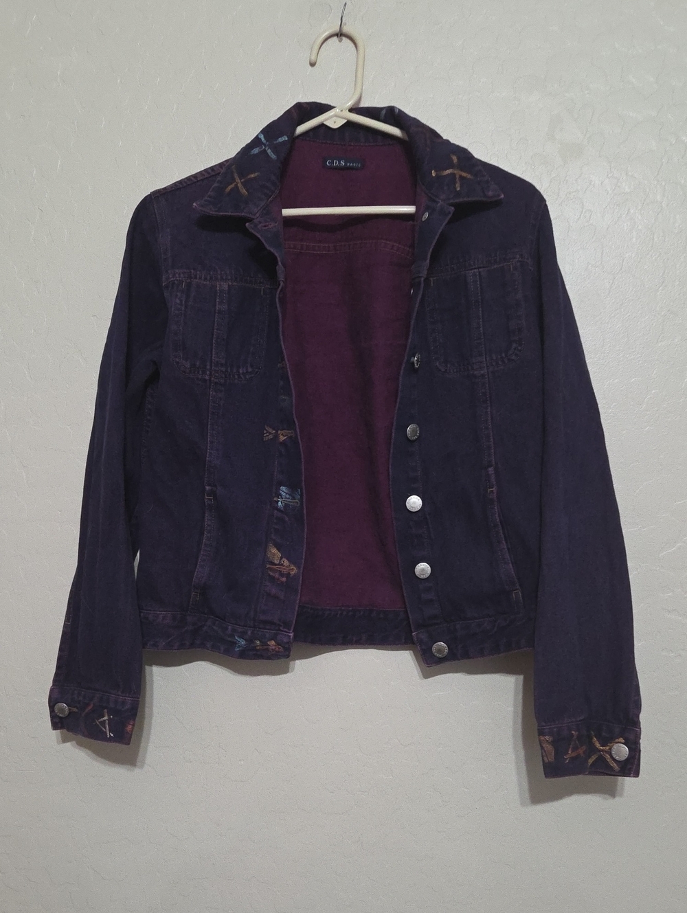Womens Deep Purple Denim Jacket with Bird And Floral Accents